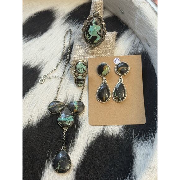 Native American Sterling Silver Large Double Stone Blackjack Turquoise Earrings - Picture 6 of 11